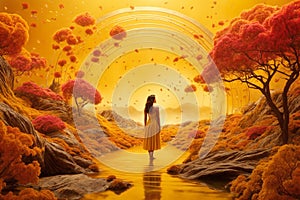 3D illustration of a woman in a yellow dress walking in the autumn forest