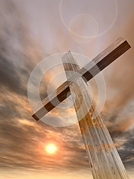 3D illustration wood cross or religion symbol shape over a sunset sky with clouds background