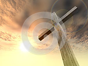 3D illustration wood cross or religion symbol shape over a sunset sky with clouds background