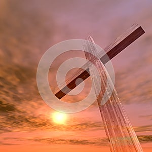 3D illustration wood cross or religion symbol shape over a sunset sky with clouds background