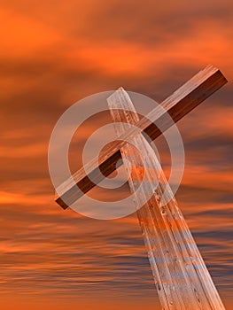 3D illustration wood cross or religion symbol shape over a sunset sky with clouds background