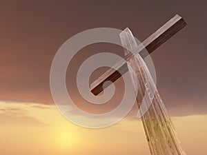 3D illustration wood cross or religion symbol shape over a sunset sky with clouds background