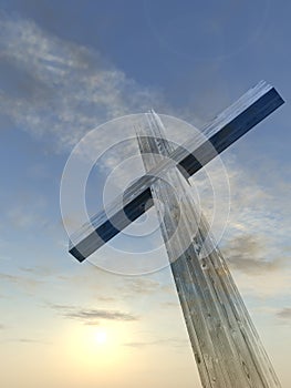 3D illustration wood cross or religion symbol shape over a sunset sky with clouds background