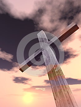 3D illustration wood cross or religion symbol shape over a sunset sky with clouds background