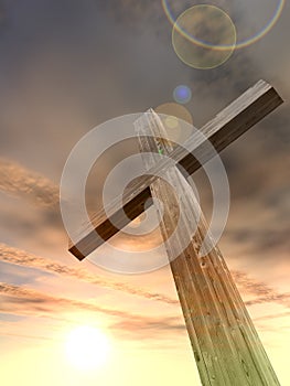 3D illustration wood cross or religion symbol shape over a sunset sky with clouds background