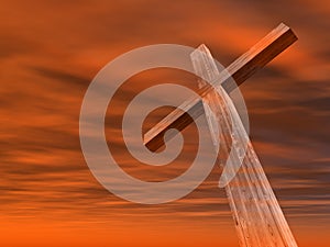 3D illustration wood cross or religion symbol shape over a sunset sky with clouds background