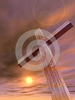 3D illustration wood cross or religion symbol shape over a sunset sky with clouds background