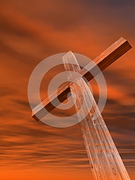 3D illustration wood cross or religion symbol shape over a sunset sky with clouds background