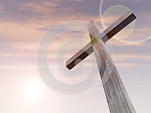 3D illustration wood cross or religion symbol shape over a sunset sky with clouds background