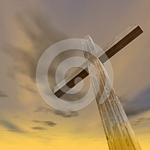 3D illustration  wood cross or religion symbol shape over a sunset sky with clouds background