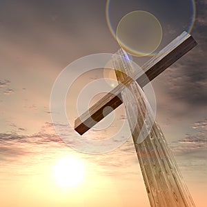 3D illustration wood cross or religion symbol shape over a sunset sky with clouds background