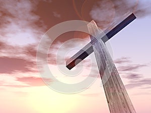 3D illustration wood cross or religion symbol shape over a sunset sky with clouds background