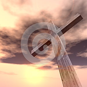 3D illustration wood cross or religion symbol shape over a sunset sky with clouds background