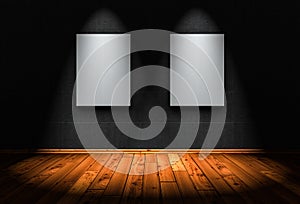 3D Illustration - wood floor background with 2 vertical canvas a