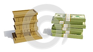 3d illustration of the wooden bank office building and a pile of money on a white background