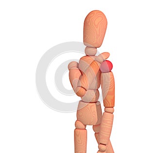 3d illustration of a wooden mannequin with joint pain in the shoulder.