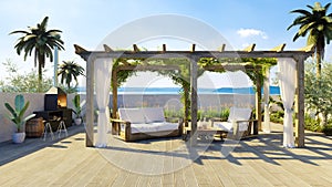 3D illustration of Wooden Patio with teak wood pergola