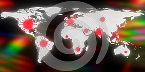 3D-Illustration of a world map showing the corona virus hotspots on light effects