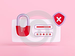 3D illustration of wrong password screen, red lock
