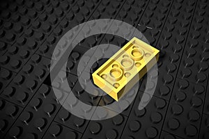 3d illustration: Yellow different toys piece lies separately on a black background is not inserted in the groove. Business concept