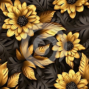 3d illustration of yellow flowers over black background, floral seamless pattern Generative AI