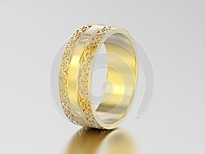 3D illustration yellow gold decorative wedding bands carved out