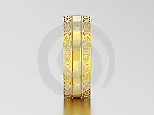 3D illustration yellow gold decorative wedding bands carved out