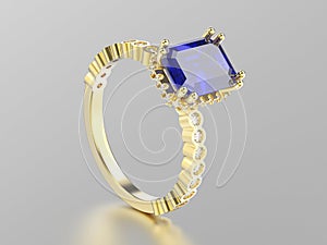 3D illustration yellow gold sapphire decorative ring with reflect