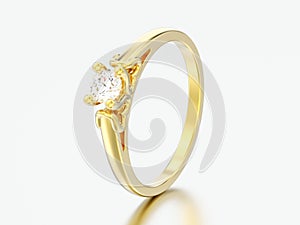 3D illustration yellow gold solitaire wedding diamond ring with