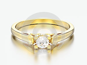 3D illustration yellow gold solitaire wedding diamond ring with