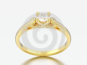 3D illustration yellow gold solitaire wedding diamond ring with