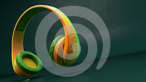 3D Illustration of Yellow Green Wireless Plastic Headphones on a Dark Green background