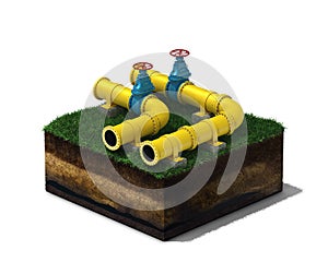 3d illustration of yellow pipeline with blue valves on section of land, isolated on white background
