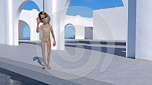 3d illustration of a young cartoon girl waving next to a pool at a resort