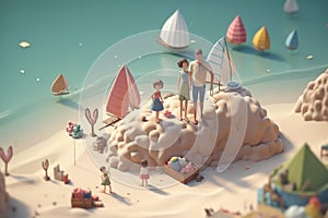 3d illustration of a young family going to the beach. Generative AI