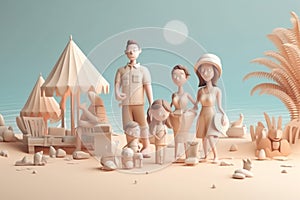 3d illustration of a young family going to the beach. Generative AI