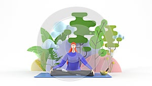 3d illustration. A young, healthy, beautiful woman practicing yoga, sitting in the lotus position on a yoga mat