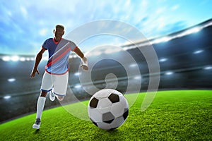 3d illustration young professional soccer player run in the stadium field with blue sky