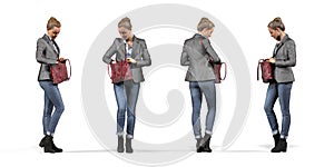 3d illustration of a young woman - a girl in jeans and a gray jacket is looking for something in her red purse - on a