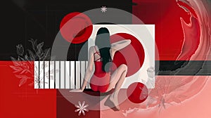 3D illustration of a young woman in red dress and hat sitting on the floor and playing the piano.