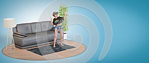 3d illustration. Young Woman in VR headset looking up and trying to touch objects in virtual reality. 3d illustration render