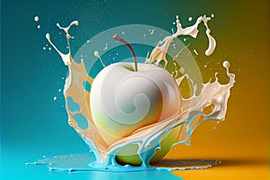 3D ilustration, apple in thick paint splashes on colorful background, generative ai