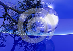 3D image of blue scene with bubbles and branch