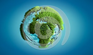 3D image of Earth globe made of water and grass growing on outlines of continents