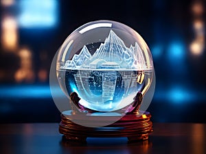 3D image of engraved crystal ball with magical winter wonderland with snowflakes with bright lighting
