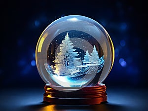 3D image of engraved crystal ball with magical winter wonderland with snowflakes with bright lighting