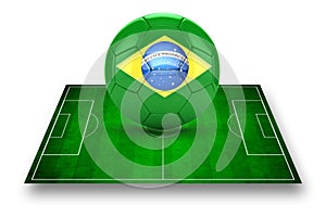 3d image of green soccer field and soccer-ball with Brazil logo