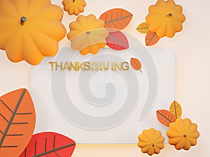 3D image Happy Thanksgiving, Thanksgiving day banner. Festive background with realistic 3d orange pumpkins,