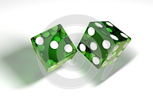 3d image: high quality rendering of transparent green rolling dices with white dots. The cubes in the cast. throws. High resolutio