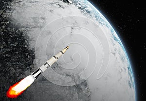 3d image illustration black and white multistage space rocket model flies to exploration planet at high speed in the galaxy